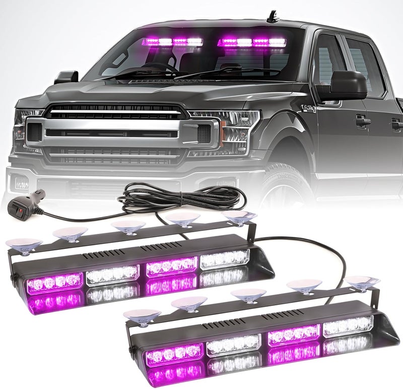 PKINGLAKE 2 in 1 LED Emergency Dash Strobe Light Bar Front/Rear Windshield Safety Flashing Warning Hazard Interior Lights for Funeral Escort Construction Vehicles Trucks (2x14 inch, Purple/White) - Image 1